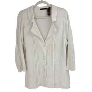 Heather B White Textured Cable Knit Button Front Cardigan 100% Cotton 3/4 Sleeve